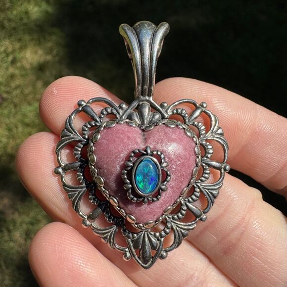 CAROLYN POLLACK Sterling Silver Rhodonite & Opal TE AMO Heart Pendant Vintage - Picture 3 of 9